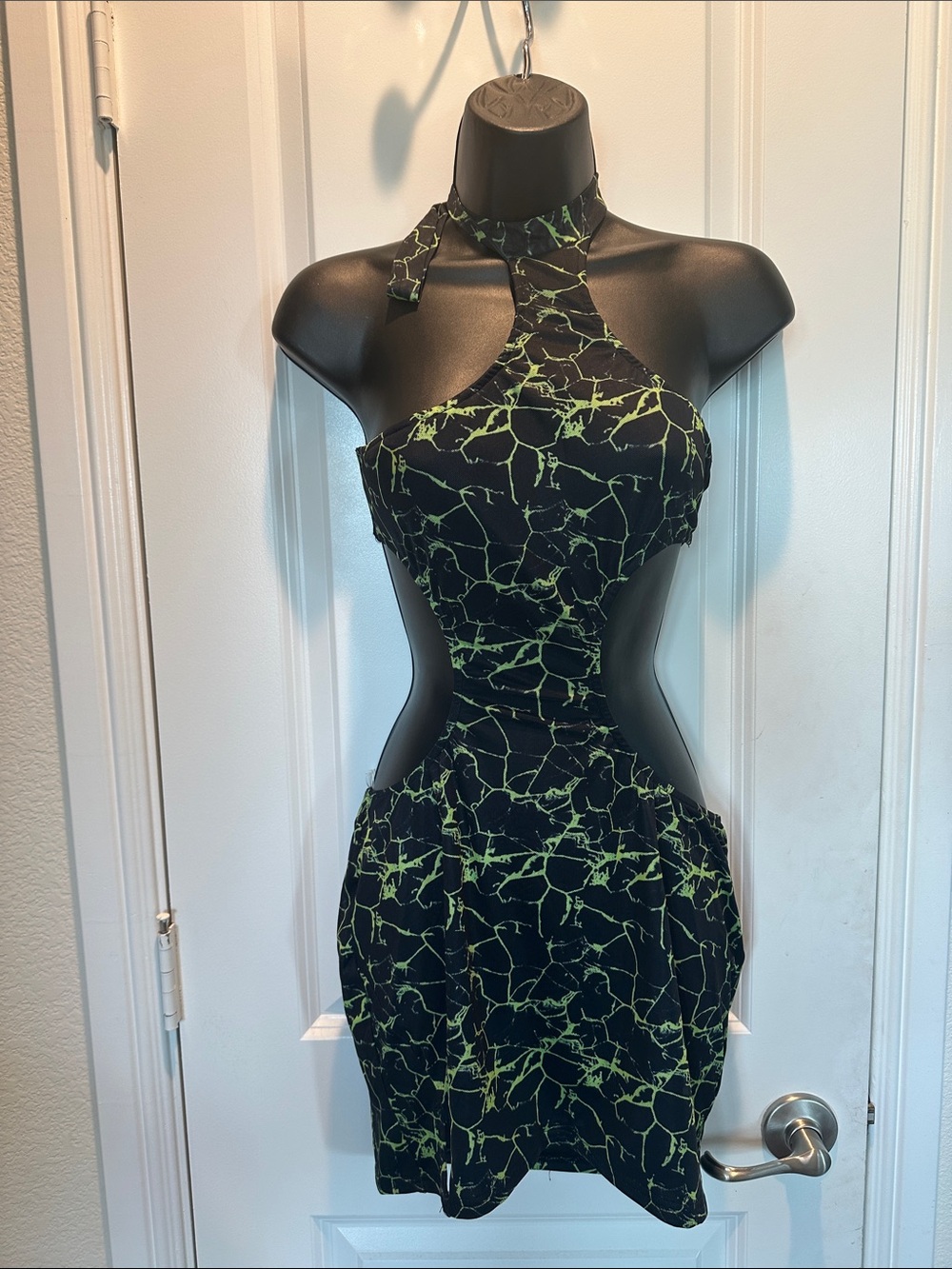 Fashion Nova Black & Neon Green Marble Halter Cutout Mini Dress